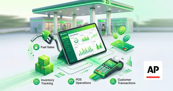 Digital Dashboard Showing Fuel Sales, Inventory Tracking, POS Operations, and Customer Transactions at a Futuristic Gas Station