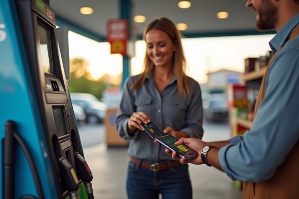 Boost Customer Convenience with Contactless Payments A Smiling Woman Paying at a Fuel Station Using Her Smartphone While a Station Attendant Assists Her with a Contactless Payment Device