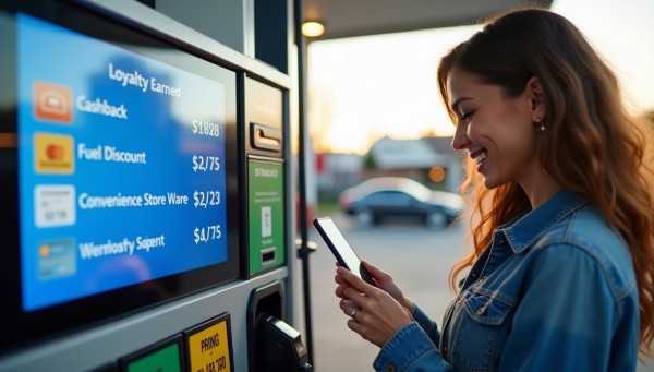 Credit Card Loyalty Programs for Added Benefits A Woman Checking Her Phone at a Gas Station While a Digital Screen Displays Loyalty Rewards, Including Cashback and Discounts