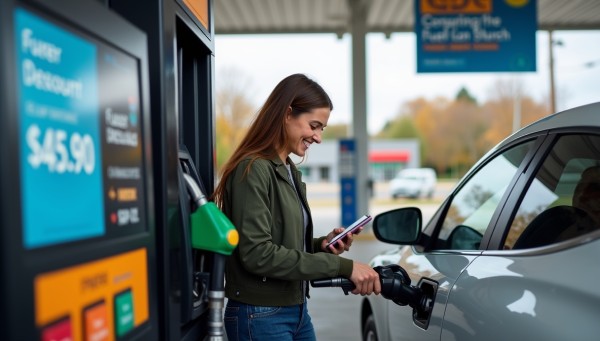 Discover the Best Gas Loyalty Programs A Smiling Woman at a Gas Station, Holding Her Phone While Refueling Her Car. A Digital Fuel Discount Display Is Visible on the Gas Pump