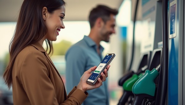 A Happy Woman Using a Gas Station Rewards App While Fueling Her Vehicle, with a Man Standing Beside Her