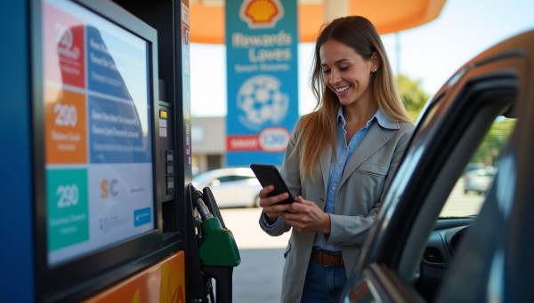 Enhance Customer Experience with Smart Rewards A Woman Using Her Phone at a Gas Station Pump, Where a Digital Display Shows Various Reward Options and Loyalty Points
