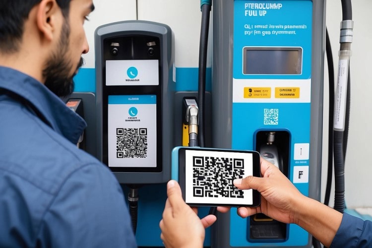 Expand Payment Options and Increase Customer Loyalty A Customer Scanning a QR Code on a Fuel Dispenser Using a Smartphone for a Digital Payment Transaction