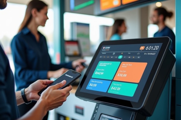 Integrated Digital Payment Solutions for Fuel Businesses A Person Using a Mobile Phone to Make a Contactless Payment at a Modern Fuel Station Kiosk, Displaying a Digital Payment Interface