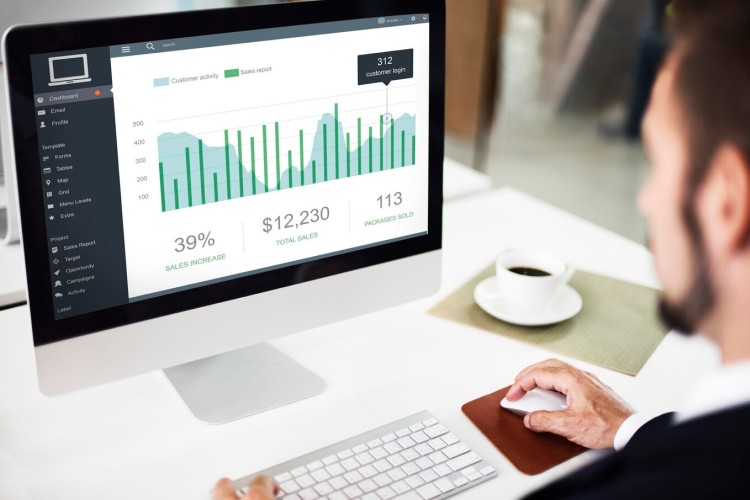 Real-Time Performance Tracking and Insights A Person Analyzing Sales and Operational Data on a Laptop with Business Charts and Graphs