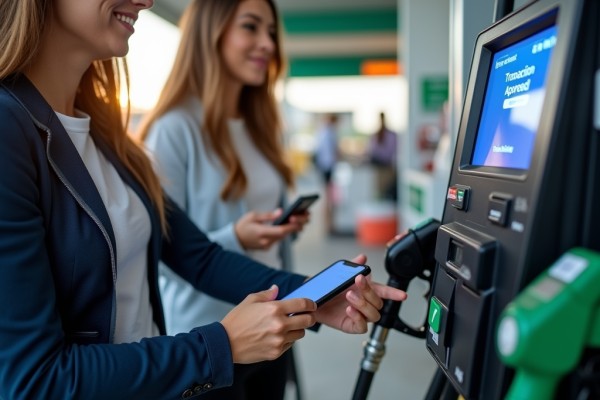 Secure and Efficient Payment Processing Two Women at a Fuel Pump Using Their Smartphones for Digital Transactions, with a Screen Confirming the Approved Payment