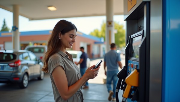 Why Choose a Gas Station Rewards App for Your Business? A Smiling Woman Using Her Smartphone at a Gas Pump for Payment or Loyalty Rewards