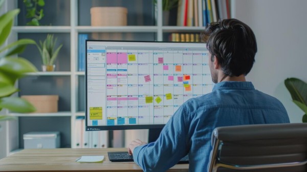 Advanced Scheduling and Tracking for Maximum Productivity A Man Reviewing an Organized, Color-Coded Work Schedule on a Desktop Computer in a Modern Office Setting