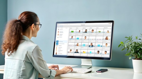 Flexible Employee Management Software for Your Business A Woman Working on an Advanced Employee Scheduling Software with Profile Images and Work Shifts Displayed on the Screen