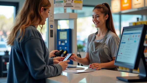 A Smiling Cashier at a Convenience Store Counter Processing a Digital Payment from a Customer Using Her Smartphone