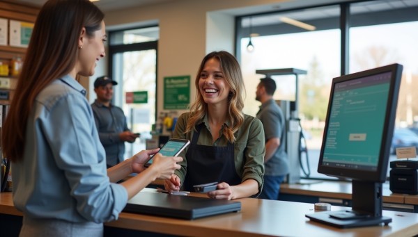 How Gas Deck’s Real-Time Electronic Payment Management Solution Works A Smiling Gas Station Cashier Assisting a Customer Making a Digital Payment on Her Smartphone