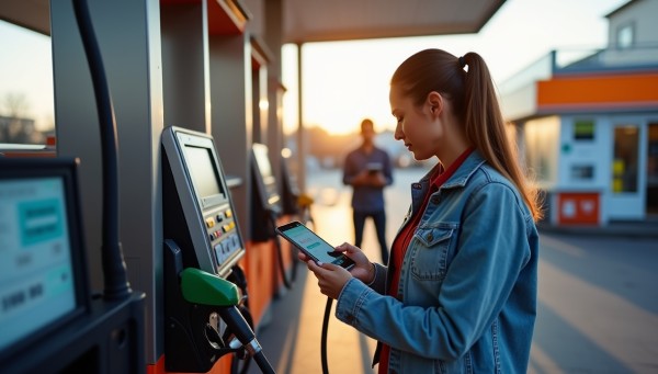 Real Time Payments in the US: Why It Matters A Woman in a Denim Jacket Using Her Smartphone at a Modern Gas Station Pump, with a Man Walking in the Background