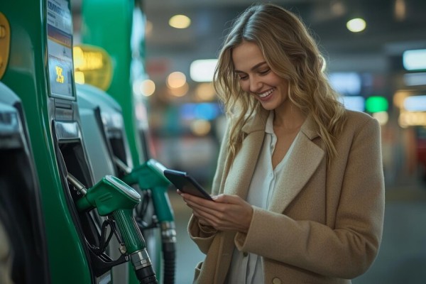 Seamless Financial Management for Gas Stations A Smiling Woman Using Her Smartphone at a Gas Station Pump