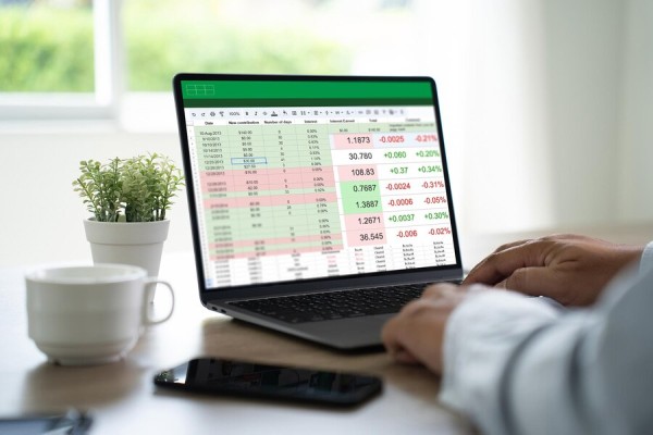 Simplify Expense Tracking and Financial Reports Financial Spreadsheet with Profit and Expense Data on a Laptop Screen