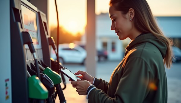 The Benefits of Real Time Payments A Young Woman at a Gas Station Using Her Smartphone to Complete a Payment at the Pump, with the Sun Setting Behind Her