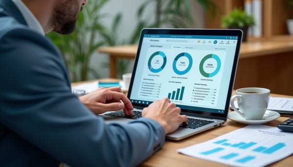 A Person Working on a Laptop Displaying Gas Deck’s Analytics Dashboard, Featuring Revenue Tracking, Expenses, and Sales Trends