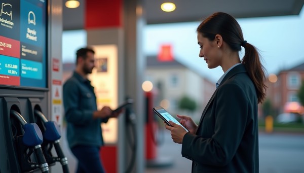 A Woman Using Her Smartphone at a Modern Gas Station, with Digital Screens Displaying Payment Options in the Background