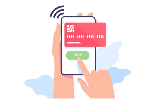 eWallet and Credit Card Payments Made Simple A Digital Illustration of a Hand Tapping a Credit Card on a Smartphone with a "Pay" Button