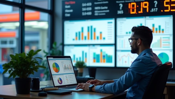 A Gas Station Manager Analyzing Sales and Fuel Data on a Laptop, with Multiple Digital Dashboards Displaying Analytics on Large Screens in the Background