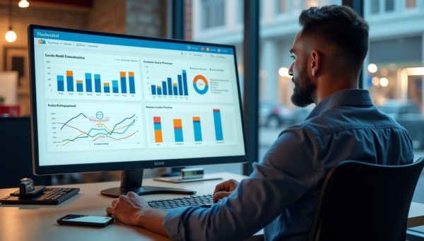 Business Professional Reviewing Real-Time Analytics Dashboard on Multiple Screens