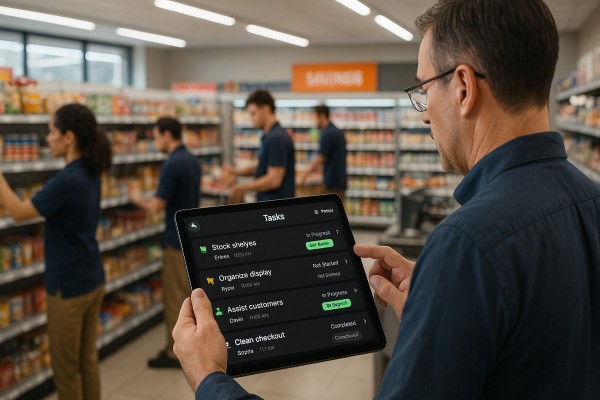 Business Owner Comparing Performance Metrics of Multiple Store Locations on a Centralized Dashboard