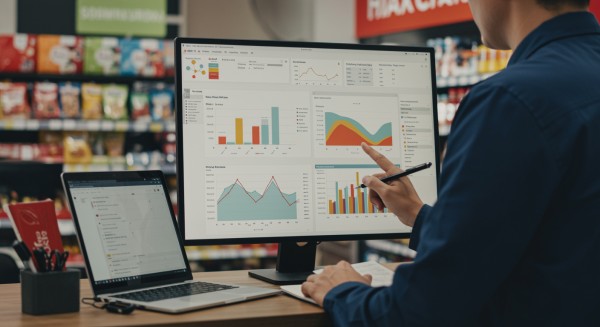 Gain Real-Time Visibility into Your Financial Health Business Owner Comparing Performance Metrics of Multiple Store Locations on a Centralized Dashboard