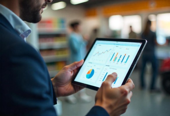 Store Manager Analyzing Predictive Analytics on a Large Screen in a Convenience Store