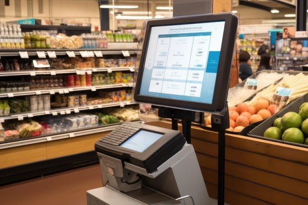 Inventory & Sales Integration Store Manager Analyzing Predictive Analytics on a Large Screen in a Convenience Store