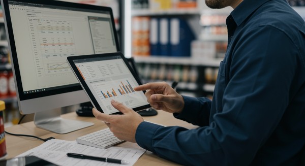 Business Professional Reviewing Real-Time Analytics Dashboard on Multiple Screens