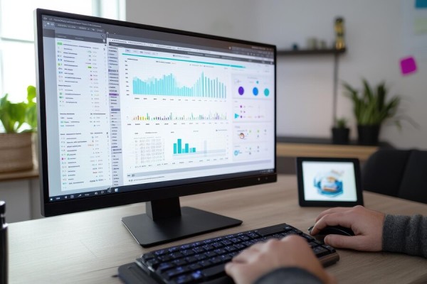 A Person Working on a Desktop Computer, Analyzing Fuel and Store Sales Data Using Gas Deck’s Analytics Dashboard