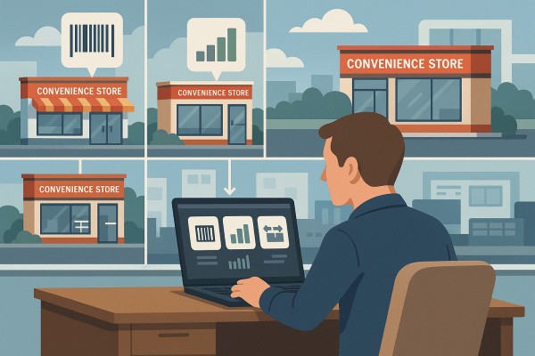 Multi-Location Synchronization Store Manager Analyzing Predictive Analytics on a Large Screen in a Convenience Store