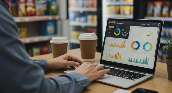Optimize Profitability Through Strategic Oversight Store Manager Analyzing Predictive Analytics on a Large Screen in a Convenience Store