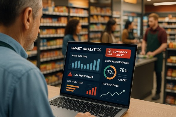 Business Professional Reviewing Real-Time Analytics Dashboard on Multiple Screens