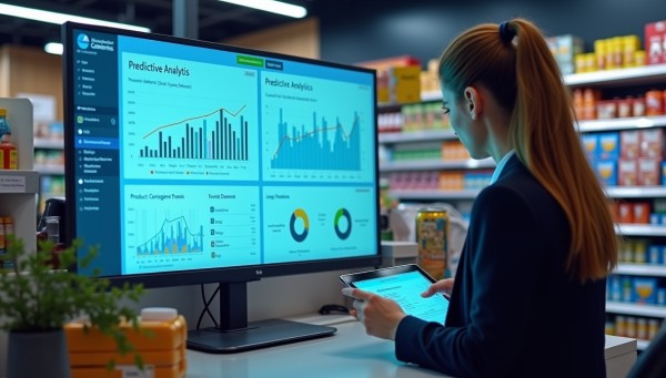 Store Manager Analyzing Predictive Analytics on a Large Screen in a Convenience Store