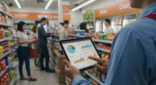 Store Manager Analyzing Predictive Analytics on a Large Screen in a Convenience Store