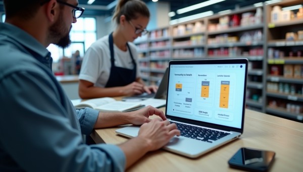 Store Manager Analyzing Predictive Analytics on a Large Screen in a Convenience Store
