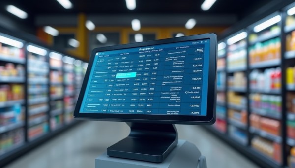 Real-Time Inventory and Sales Sync A Gas Station Employee Using a Tablet to Monitor Fuel Inventory and Sales Data, with a Digital Dashboard Displaying Real-Time Analytics on a Fuel Pump Screen