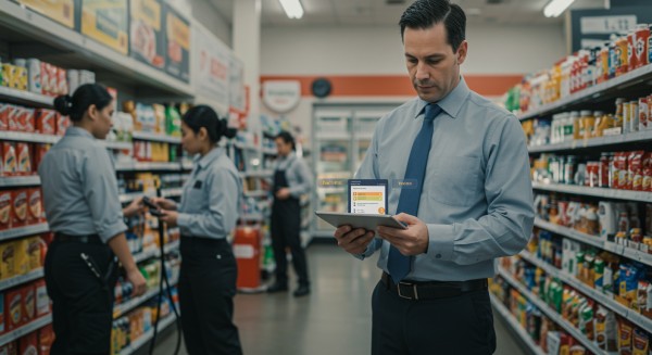 Store Manager Analyzing Predictive Analytics on a Large Screen in a Convenience Store