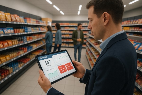 Real-Time Stock Monitoring Business Owner Comparing Performance Metrics of Multiple Store Locations on a Centralized Dashboard