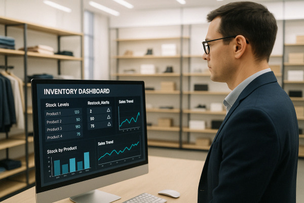 Business Owner Comparing Performance Metrics of Multiple Store Locations on a Centralized Dashboard