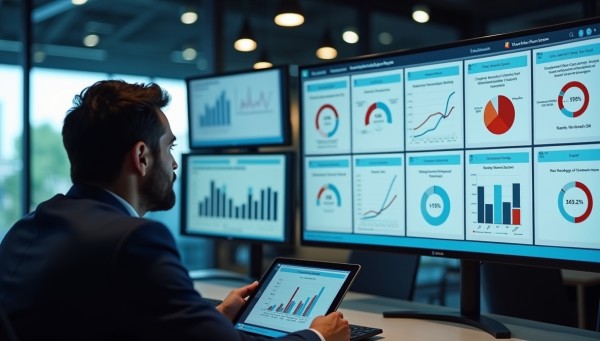 Business Professional Reviewing Real-Time Analytics Dashboard on Multiple Screens