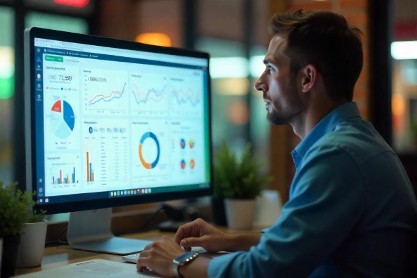 Business Professional Reviewing Real-Time Analytics Dashboard on Multiple Screens
