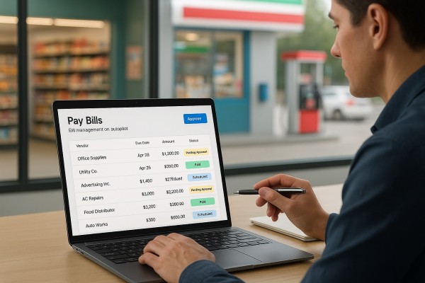 Store Manager Analyzing Predictive Analytics on a Large Screen in a Convenience Store