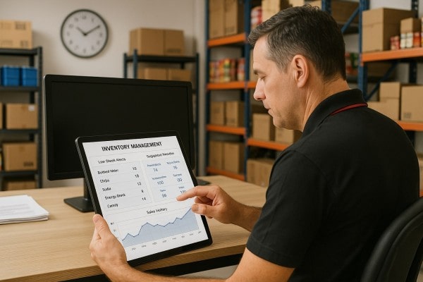 Automate Reordering and Save Valuable Time Store Manager Analyzing Predictive Analytics on a Large Screen in a Convenience Store