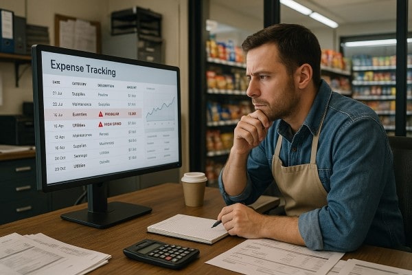Store Manager Analyzing Predictive Analytics on a Large Screen in a Convenience Store