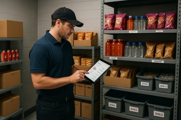 Cut Waste and Prevent Overstock Store Manager Analyzing Predictive Analytics on a Large Screen in a Convenience Store
