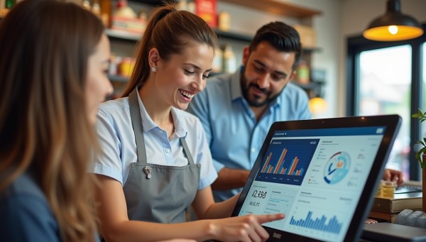 Easy for Everyone to Use Business Professional Reviewing Real-Time Analytics Dashboard on Multiple Screens