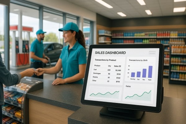 Business Owner Comparing Performance Metrics of Multiple Store Locations on a Centralized Dashboard
