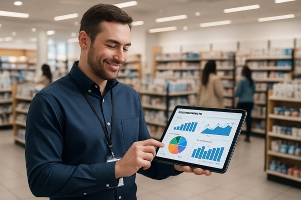 Business Professional Reviewing Real-Time Analytics Dashboard on Multiple Screens