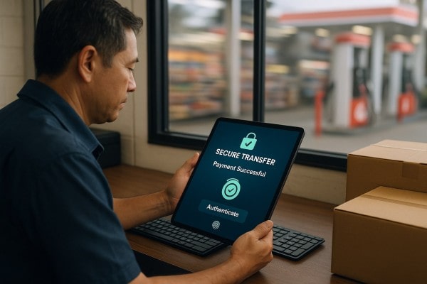 Store Manager Analyzing Predictive Analytics on a Large Screen in a Convenience Store